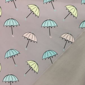 Fleece Backed Soft Shell Fabric - Umbrellas on Lilac