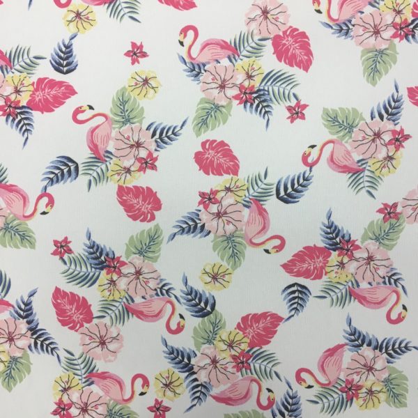 Lightweight Textured Ripple Crepe - White with Pink Flamingos