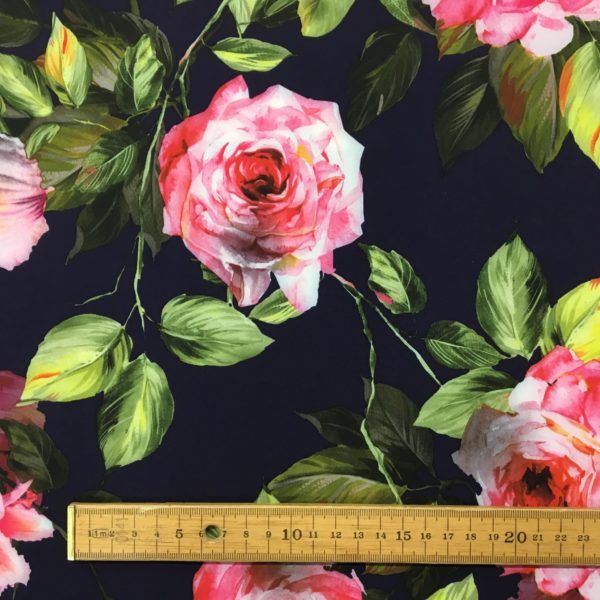 Lightweight Poly/Spandex - Bold Roses on Navy
