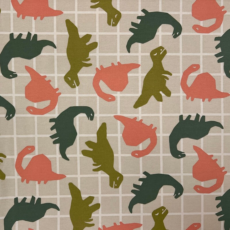 Brushed Back French Terry Jersey - Dinosaur Grid