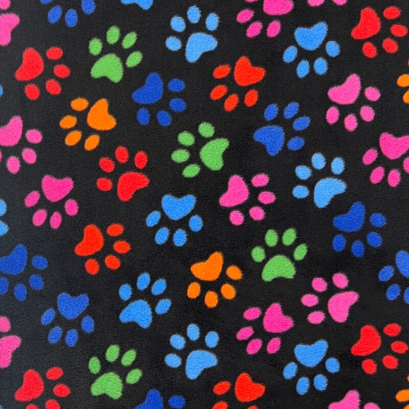 Cosy Polar Fleece - Multi Coloured Paw Prints on Black