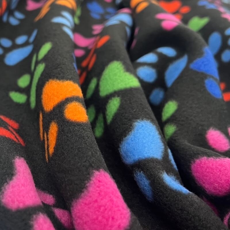 Cosy Polar Fleece - Multi Coloured Paw Prints on Black - Image 3
