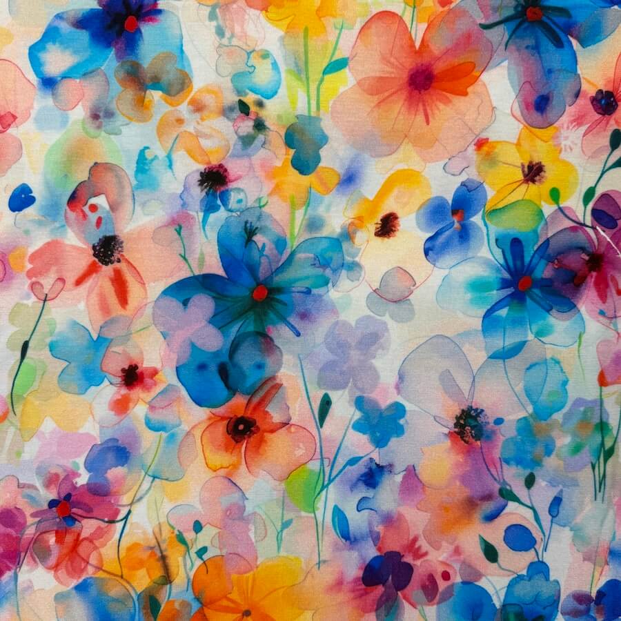 Bamboo Jersey - Watercolour Flowers - Blue/Orange - Image 2