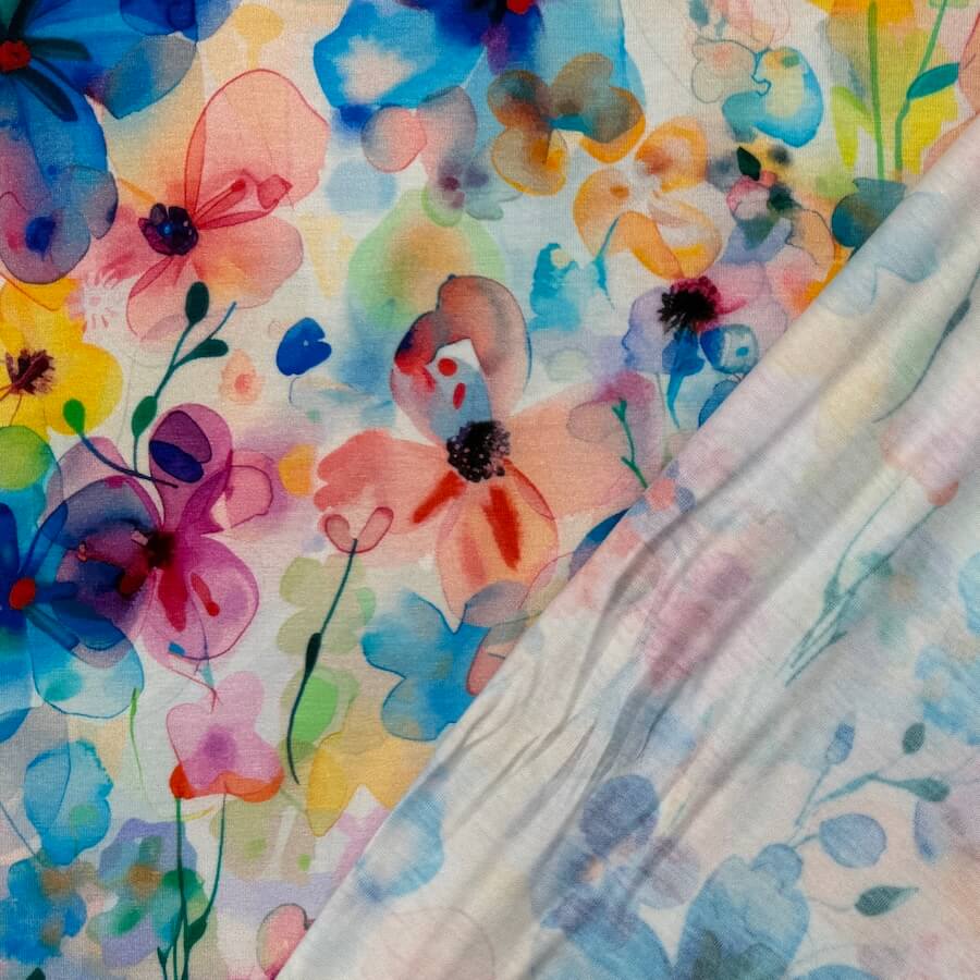 Bamboo Jersey - Watercolour Flowers - Blue/Orange - Image 5