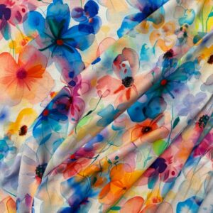 Bamboo Jersey - Watercolour Flowers - Blue/Orange