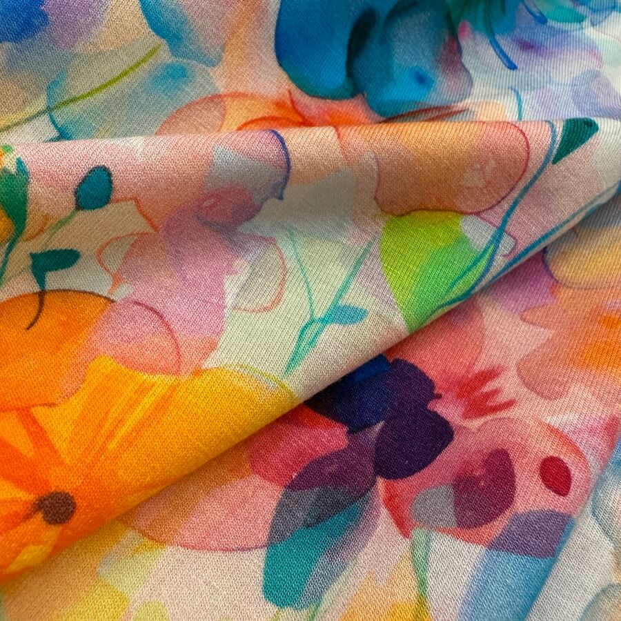 Bamboo Jersey - Watercolour Flowers - Blue/Orange - Image 4