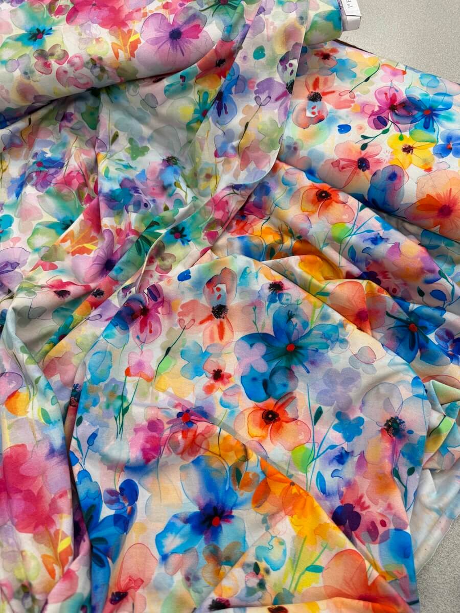 Bamboo Jersey - Watercolour Flowers - Blue/Orange - Image 3