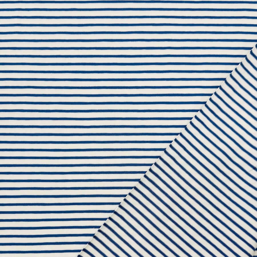 Cotton Lycra Jersey - Breton Style Yarn Dyed Stripe - Blue/White - Image 3