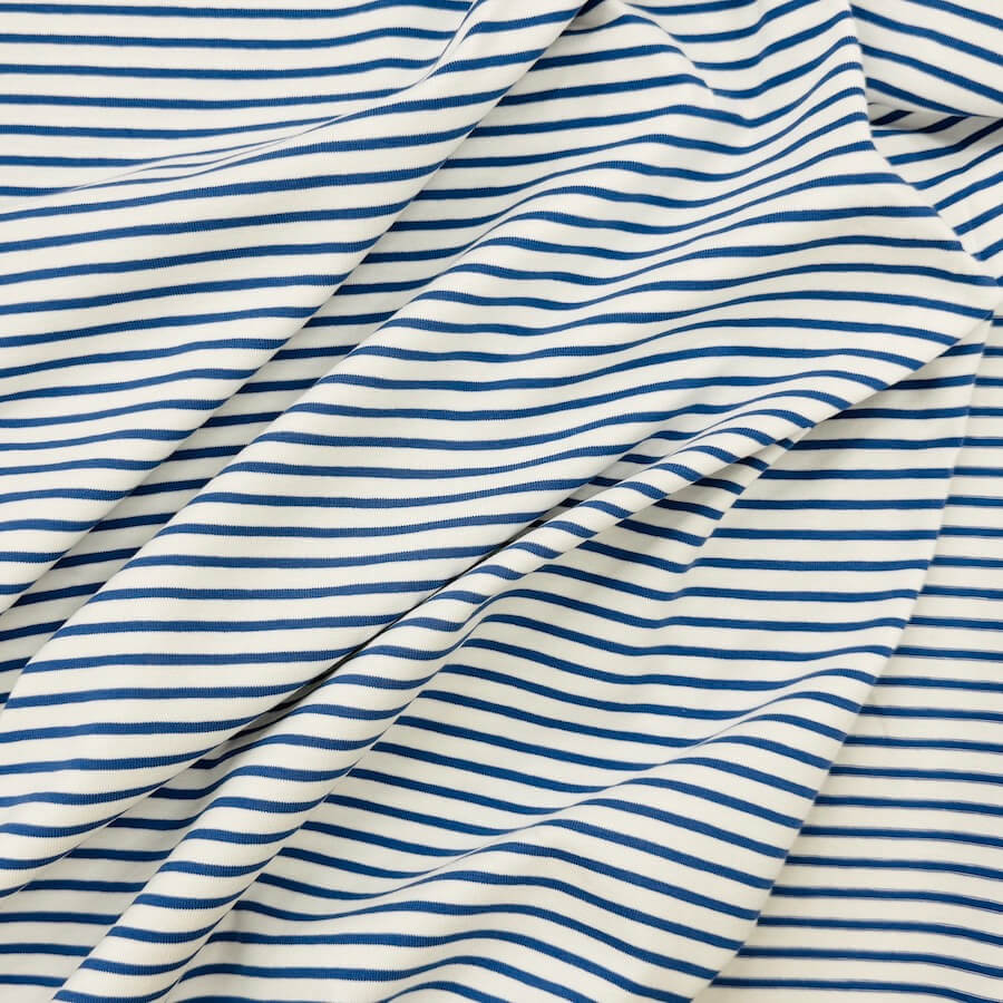 Cotton Lycra Jersey - Breton Style Yarn Dyed Stripe - Blue/White - Image 2