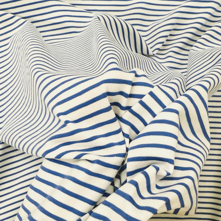 Cotton Lycra Jersey - Breton Style Yarn Dyed Stripe - Blue/White