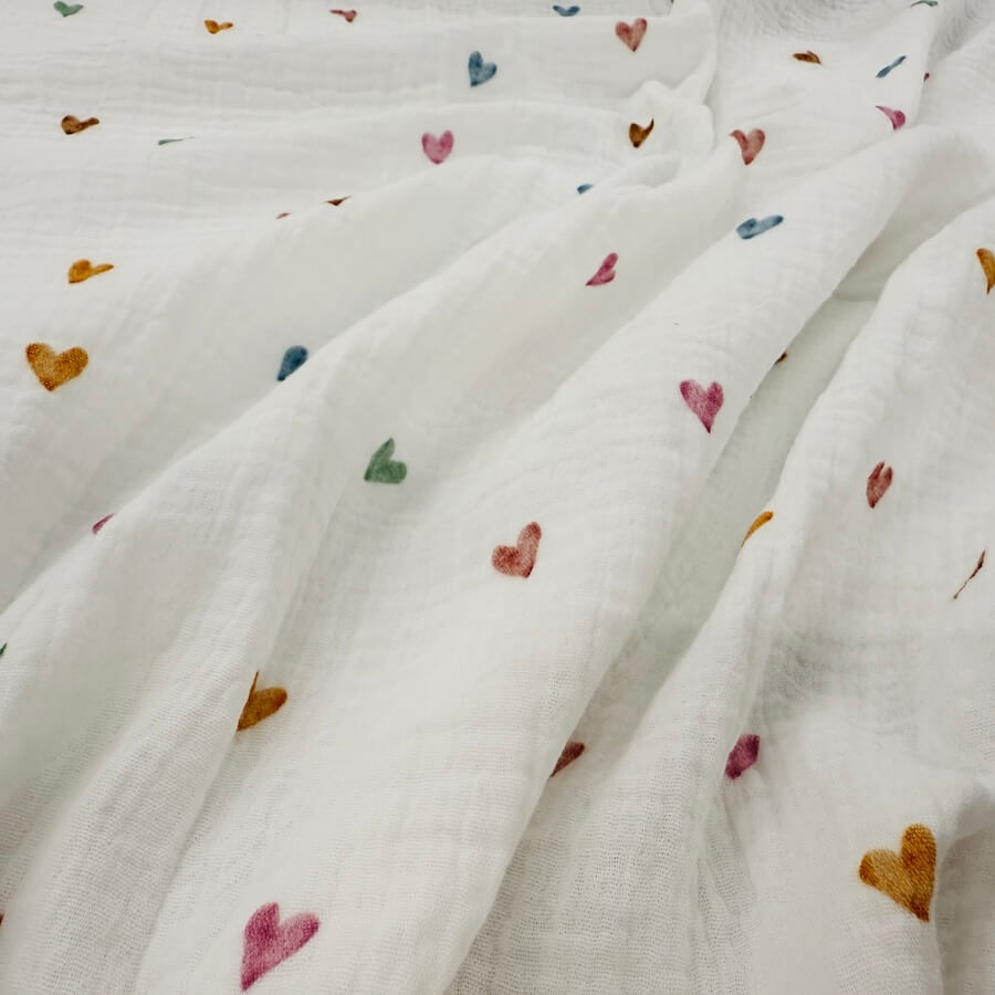 100% Cotton Double Gauze - Hearts on White