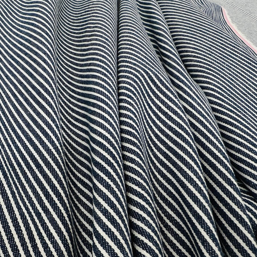 100% Cotton Yarn Dyed Narrow Stripe Denim - Indigo/White