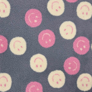Cosy Teddy Fleece Fabric - Smilies - Denim/Pink