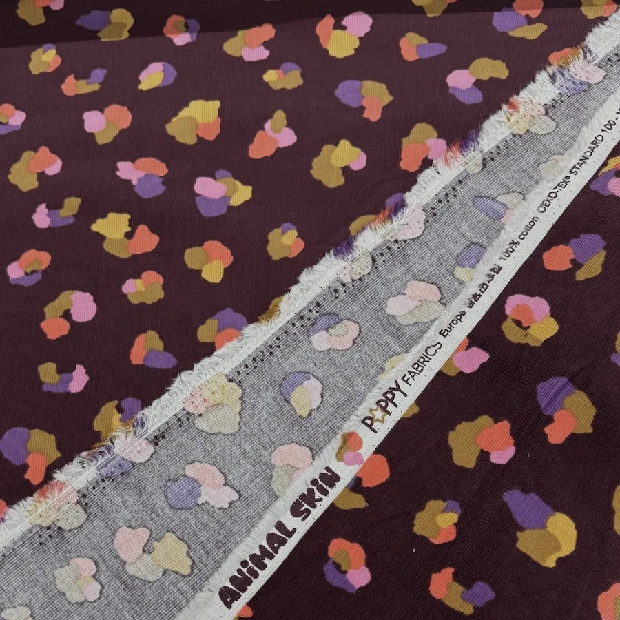 100% Cotton Printed Babycord - Colourful Animal Print on Aubergine - Image 3