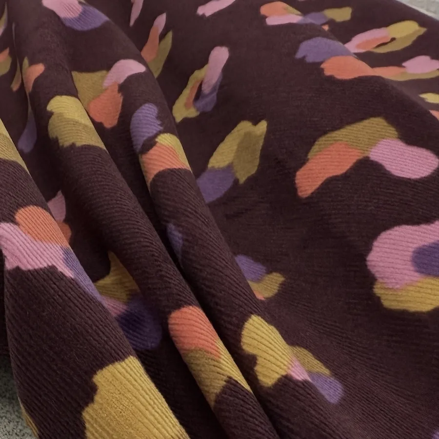 100% Cotton Printed Babycord - Colourful Animal Print on Aubergine - Image 2