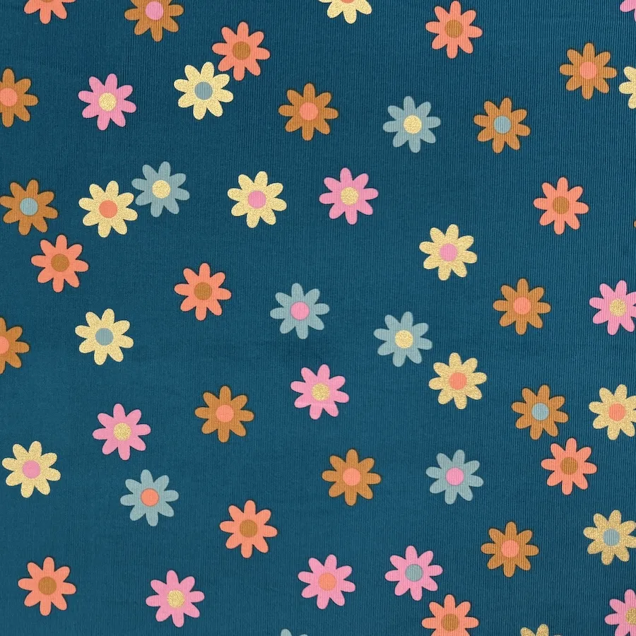 100% Cotton Printed Babycord - Flowers on Teal - Image 5
