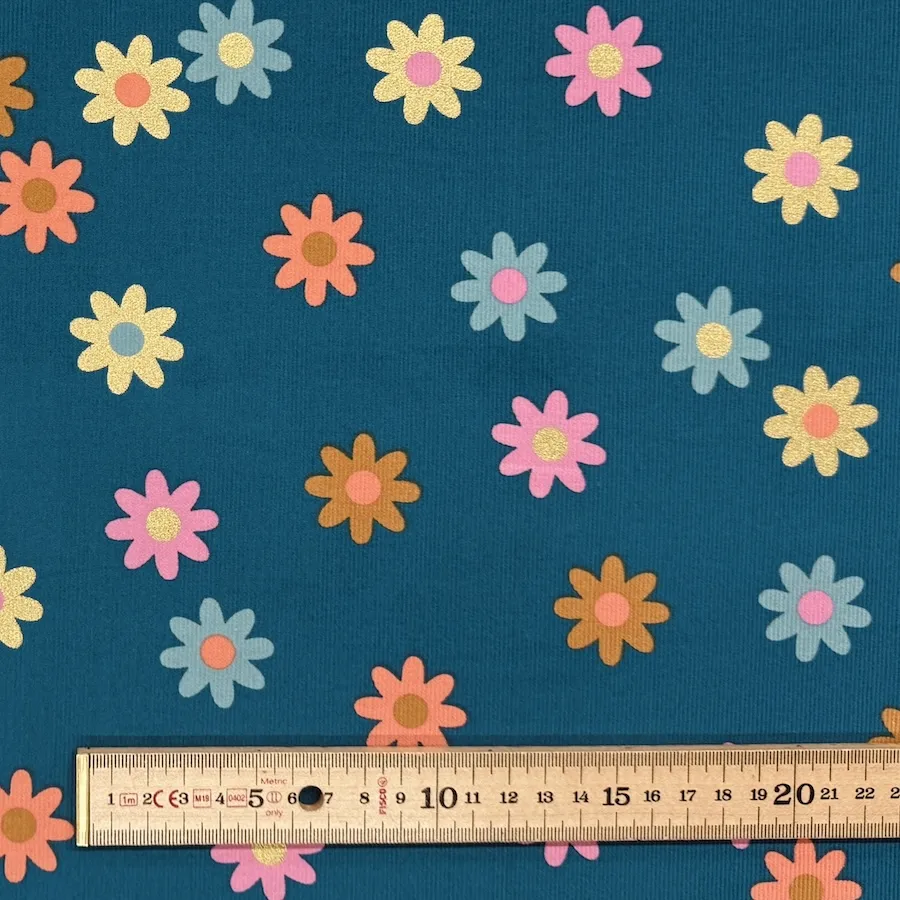 100% Cotton Printed Babycord - Flowers on Teal - Image 4