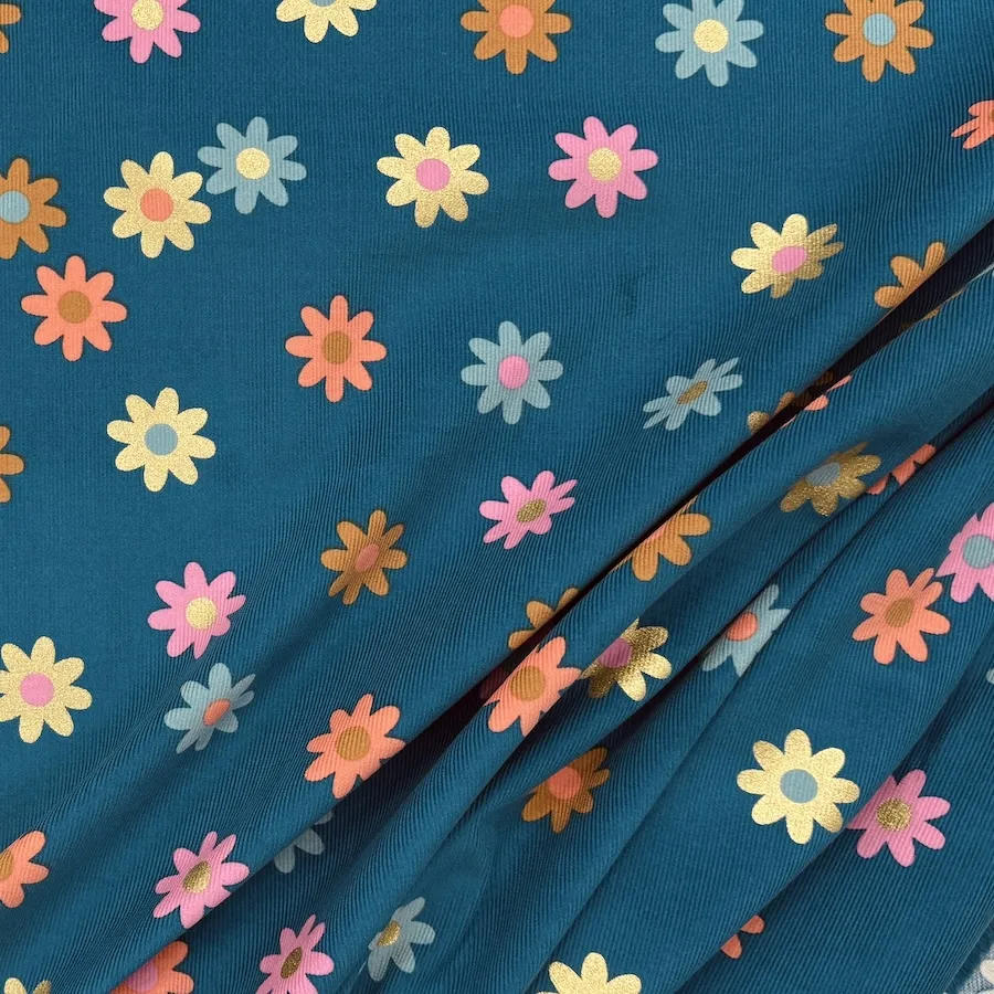 100% Cotton Printed Babycord - Flowers on Teal