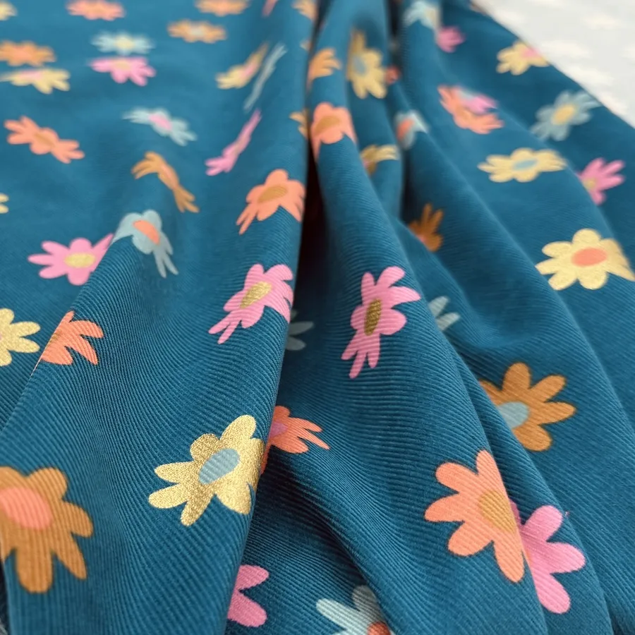 100% Cotton Printed Babycord - Flowers on Teal - Image 2