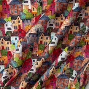 Little Johnny Fabrics 100% Cotton Printed Needlecord - Colourful Houses