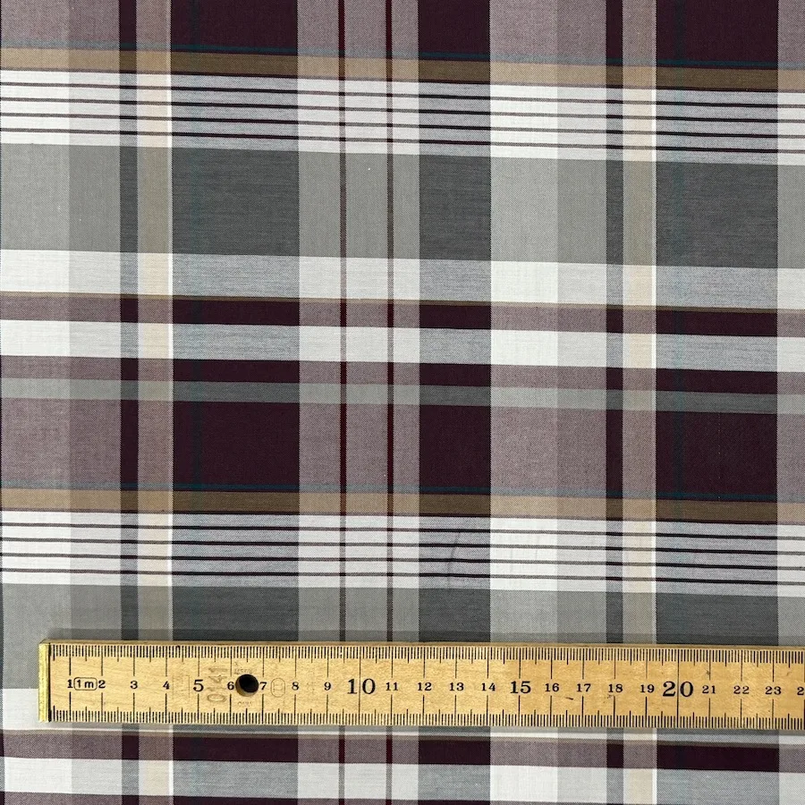 Ex Designer 100% Cotton Shirting - Platinum/Berry Check - Image 4