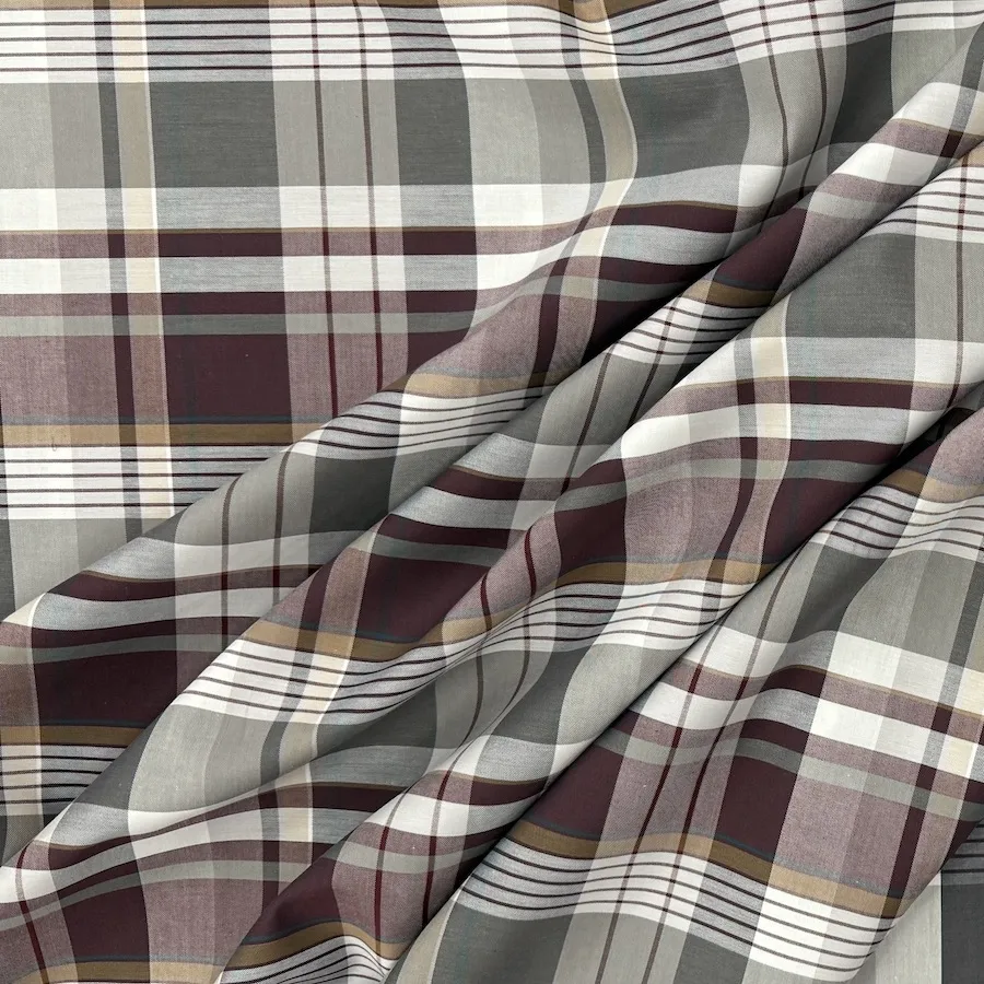 Ex Designer 100% Cotton Shirting - Platinum/Berry Check - Image 2