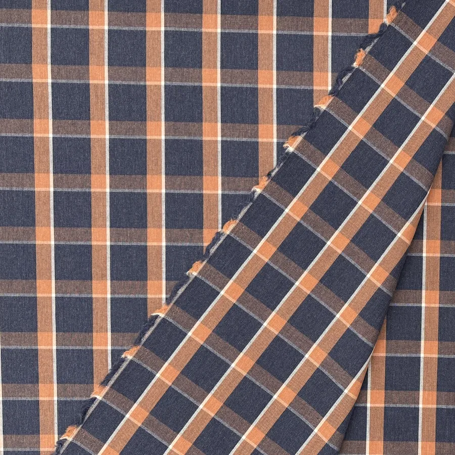 Ex Designer 100% Cotton Shirting - Amber/Navy Check - Image 4