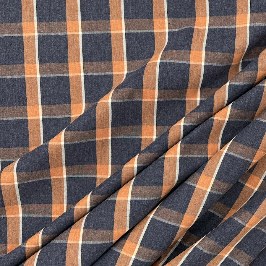 Ex Designer 100% Cotton Shirting - Amber/Navy Check - Image 3