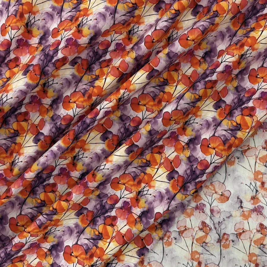 100% Cotton Poplin - Watercolour Flowers - Purple/Red