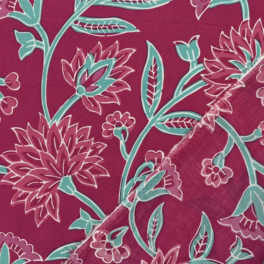 100% Cotton Voile - Pink and Aqua Flowers on Fuchsia - Image 4