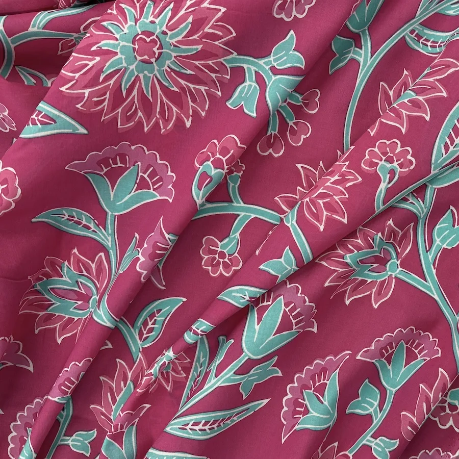 100% Cotton Voile - Pink and Aqua Flowers on Fuchsia - Image 3