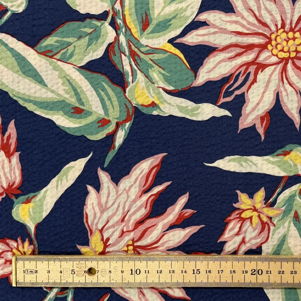 Ex Designer 100% Cotton Seersucker - Pink Flowers on Deep Blue - Image 4