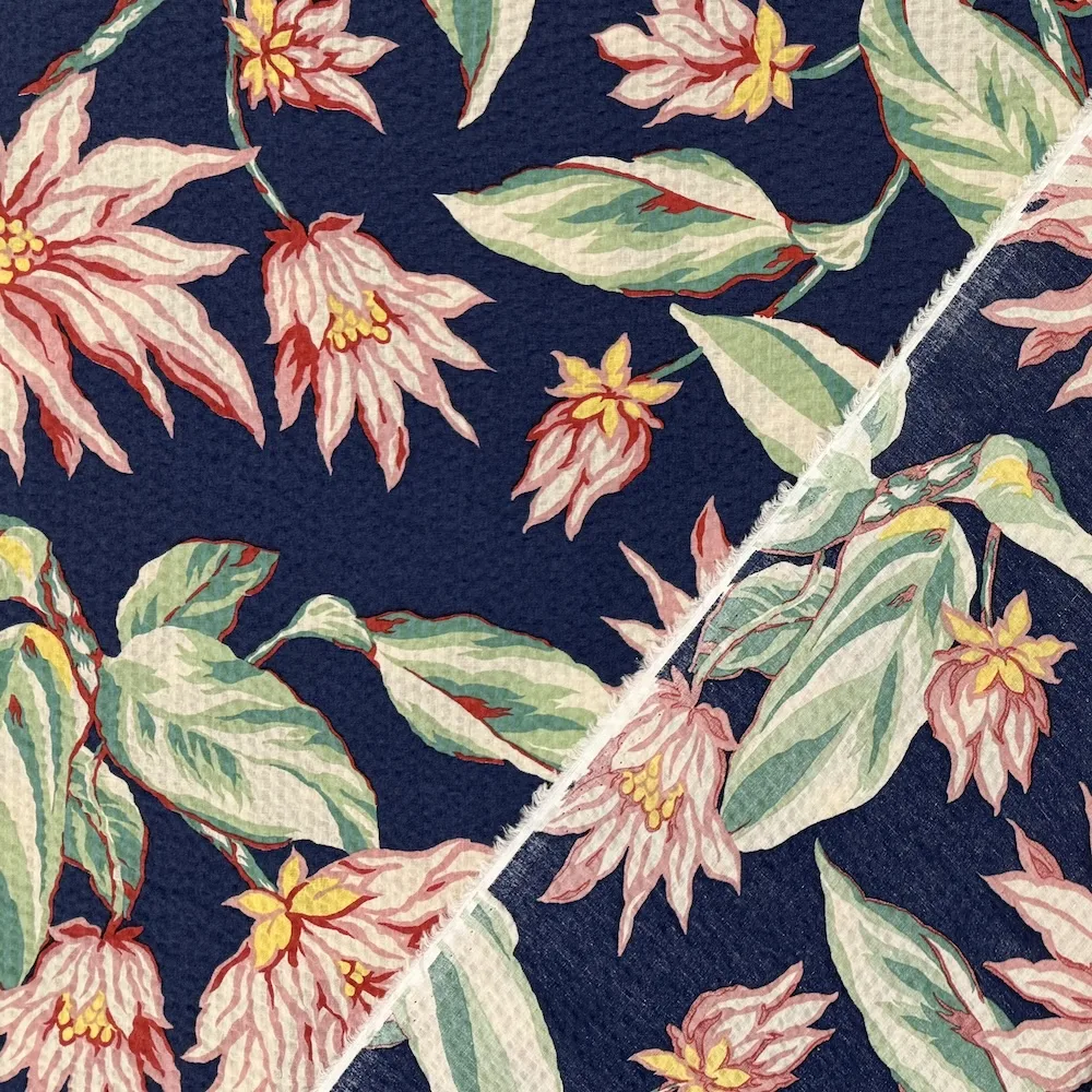 Ex Designer 100% Cotton Seersucker - Pink Flowers on Deep Blue - Image 3