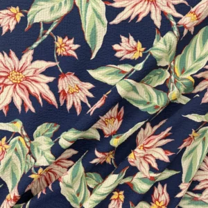 Ex Designer 100% Cotton Seersucker - Pink Flowers on Deep Blue