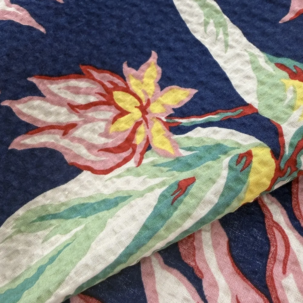 Ex Designer 100% Cotton Seersucker - Pink Flowers on Deep Blue - Image 2