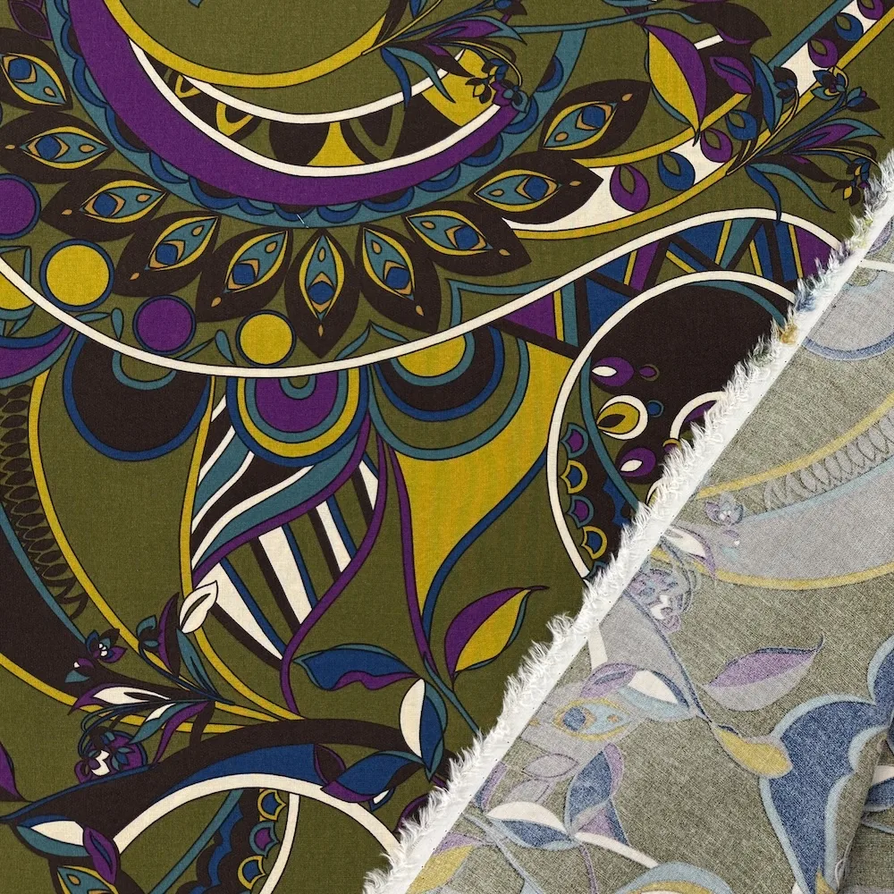 Made In Italy 100% Viscose - Olive and Purple Paisley Swirls - Image 2