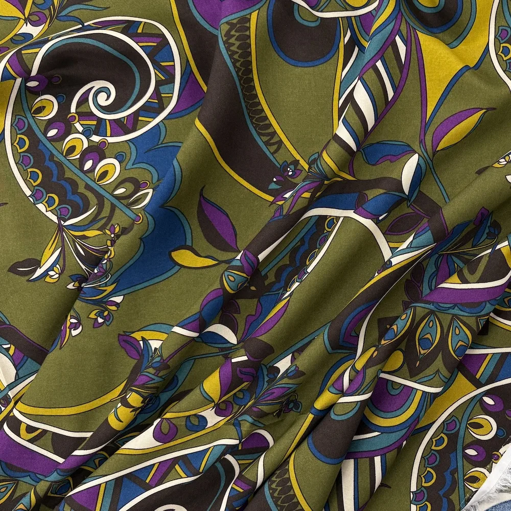 Made In Italy 100% Viscose - Olive and Purple Paisley Swirls - Image 4