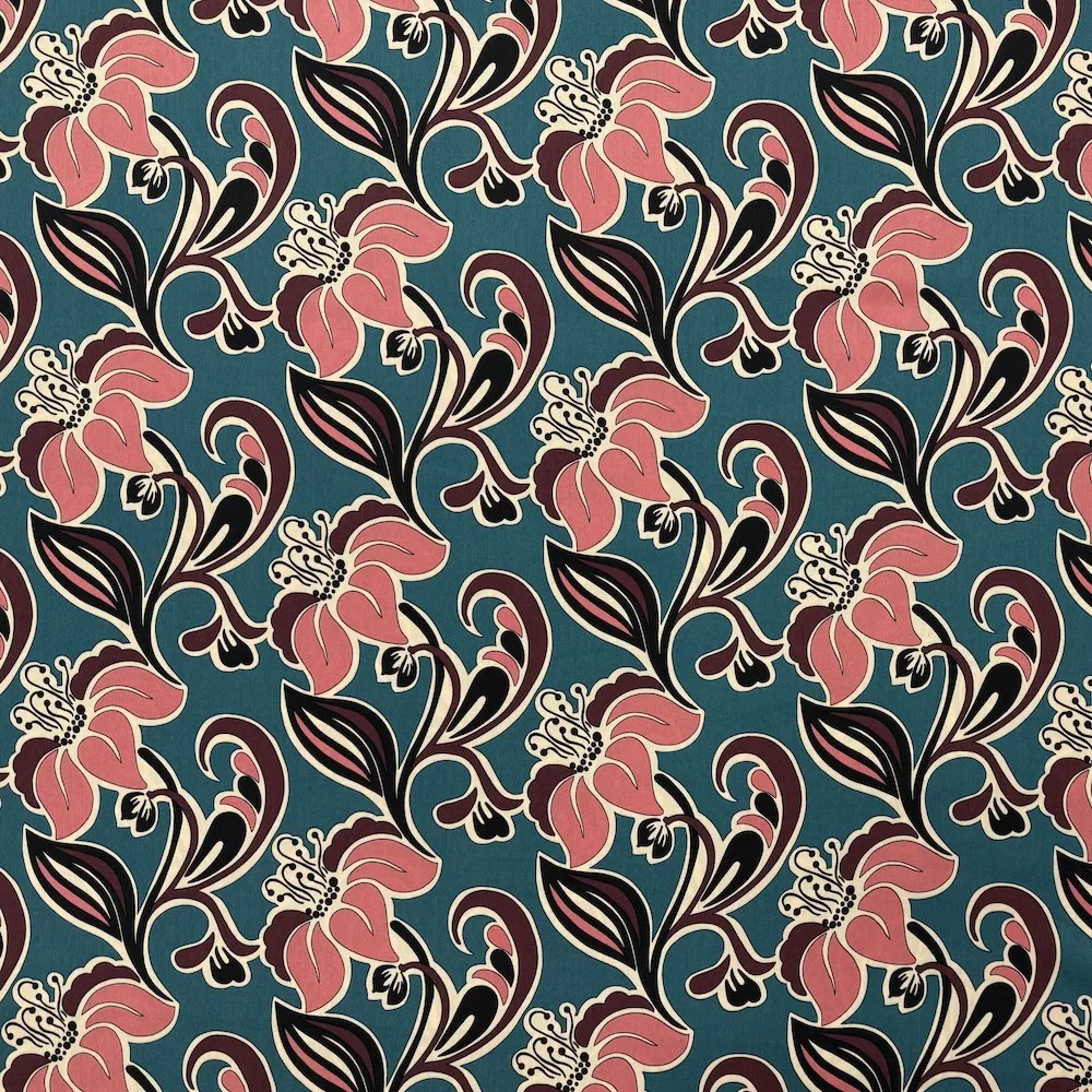 Made In Italy 100% Viscose - Coral Flowers on Teal - Image 5