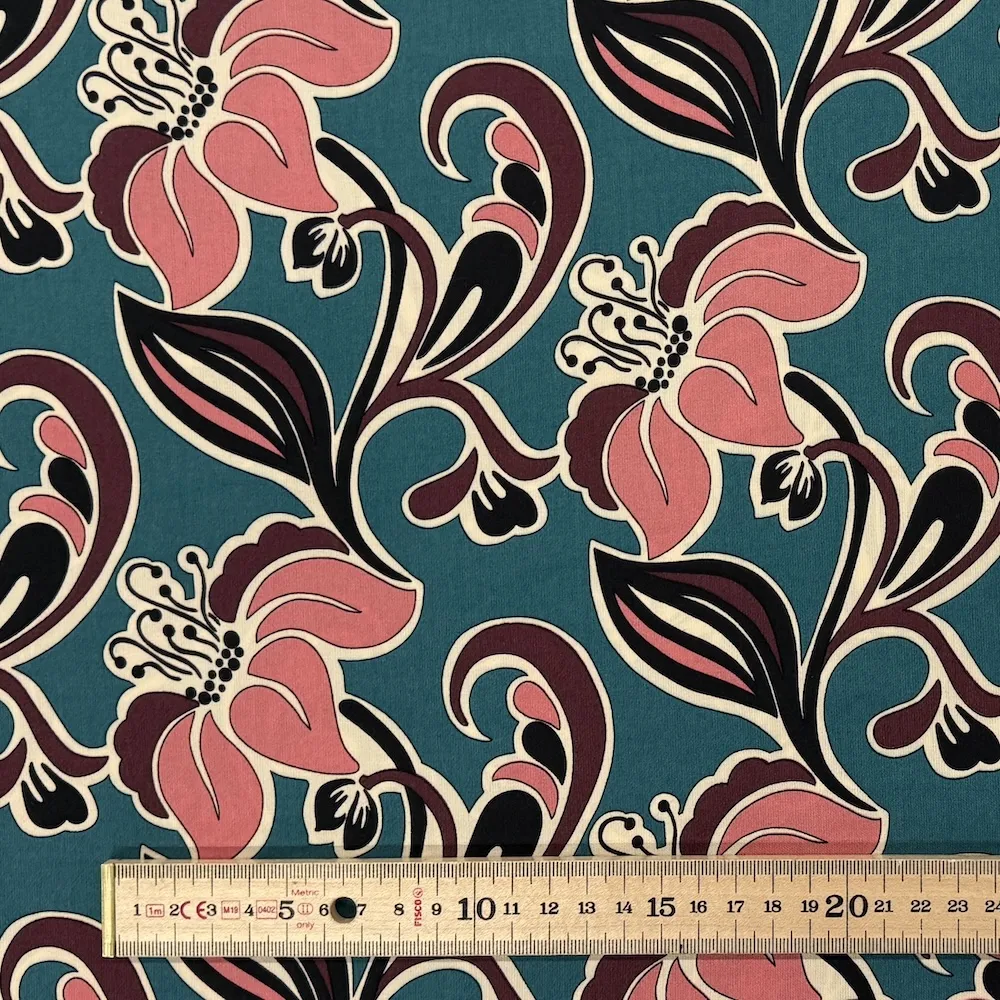 Made In Italy 100% Viscose - Coral Flowers on Teal - Image 4