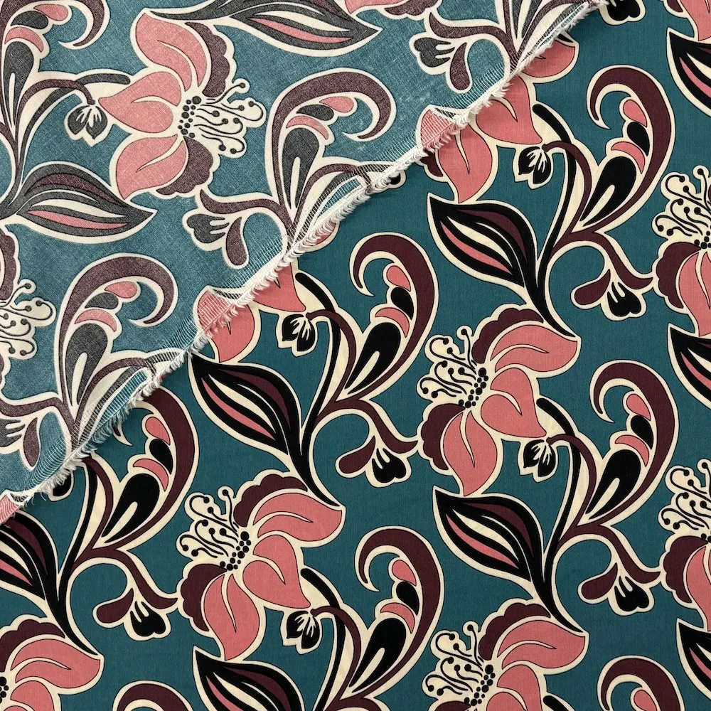 Made In Italy 100% Viscose - Coral Flowers on Teal - Image 3