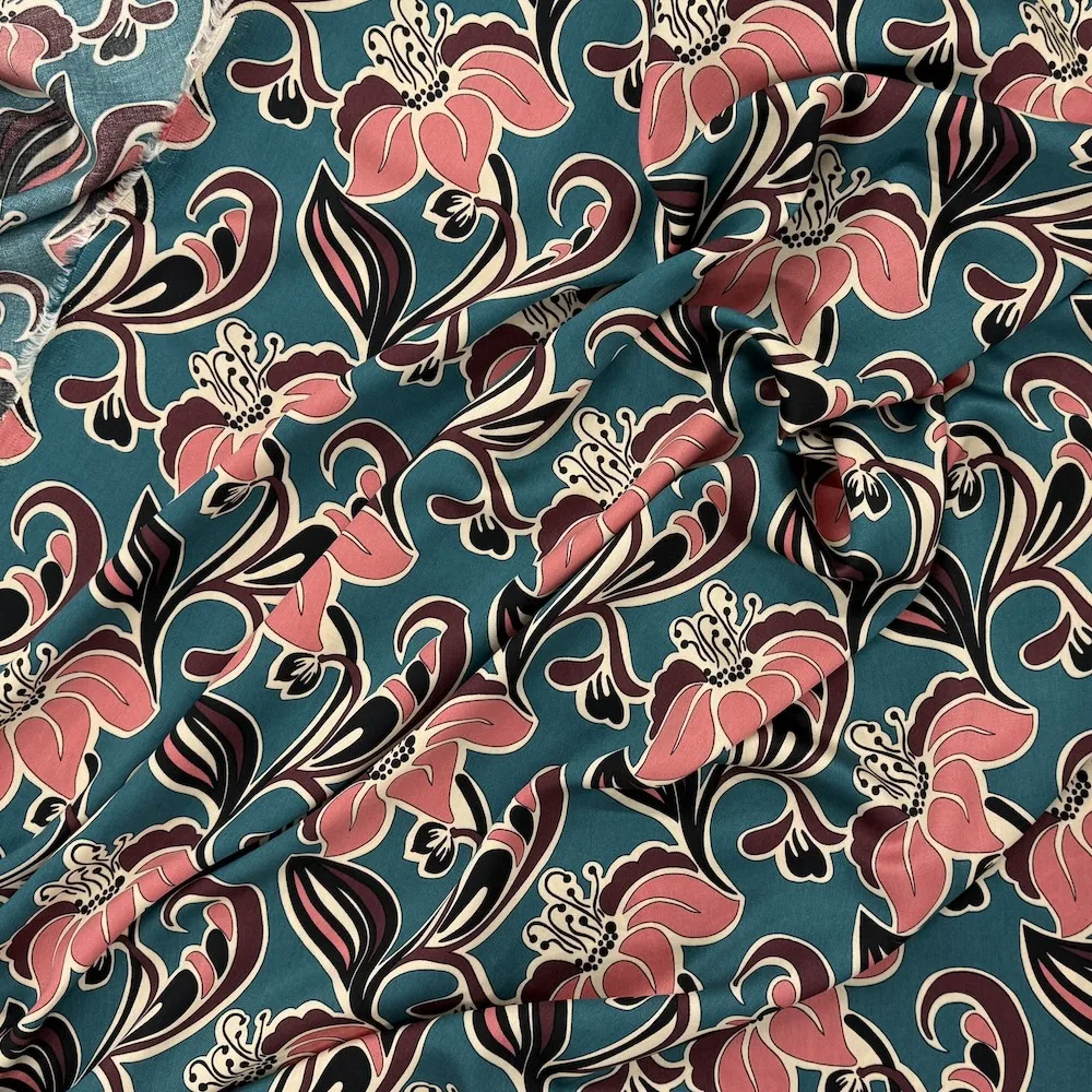 Made In Italy 100% Viscose - Coral Flowers on Teal - Image 2