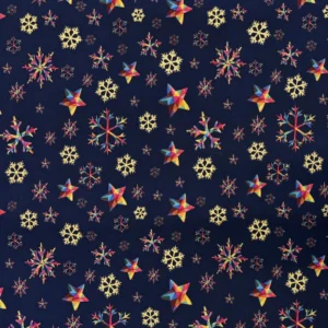 Festive 100% Cotton - Rainbow & Gold Snowflakes - Navy
