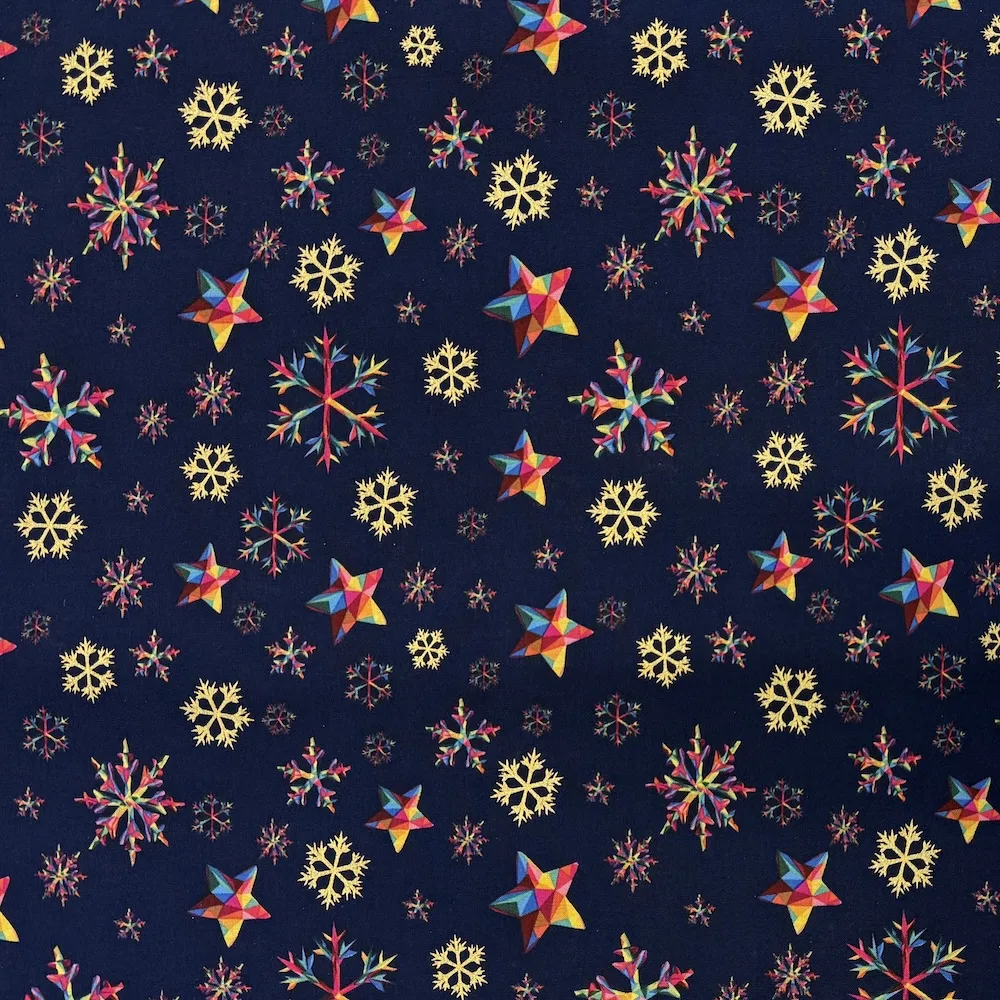 Festive 100% Cotton - Rainbow & Gold Snowflakes - Navy