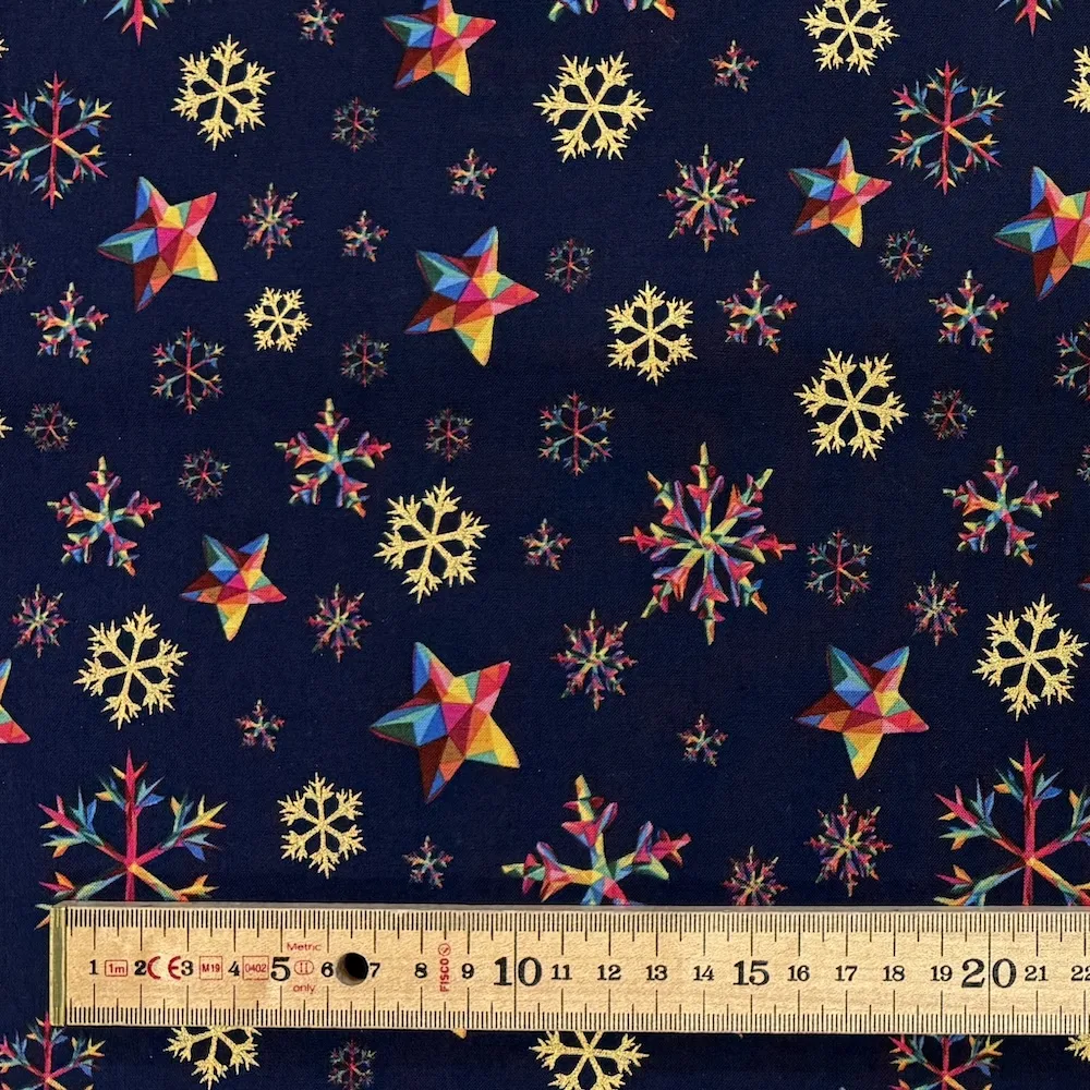 Festive 100% Cotton - Rainbow & Gold Snowflakes - Navy - Image 2