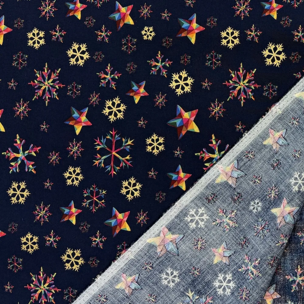 Festive 100% Cotton - Rainbow & Gold Snowflakes - Navy - Image 3