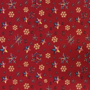 Festive 100% Cotton - Rainbow & Gold Snowflakes - Red