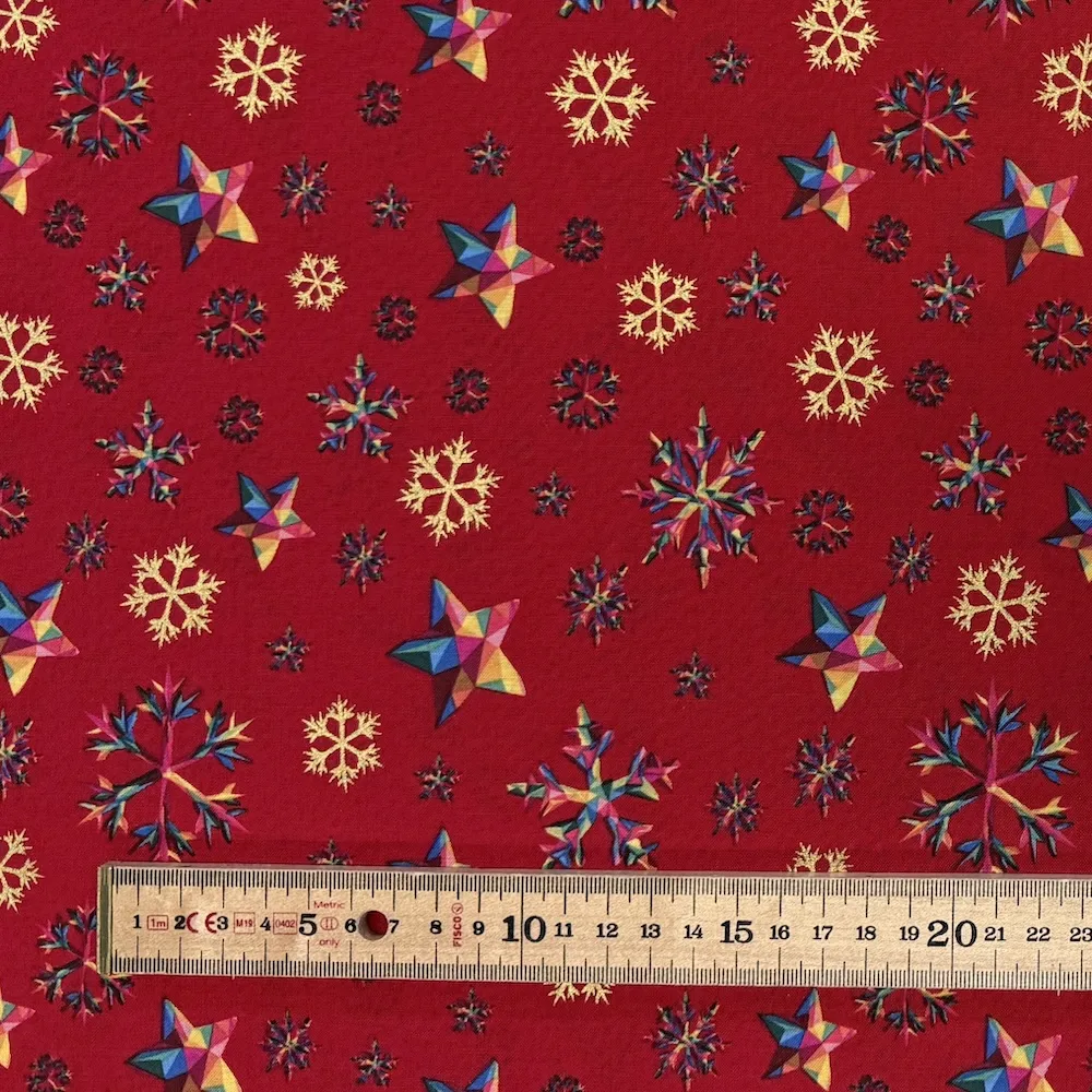 Festive 100% Cotton - Rainbow & Gold Snowflakes - Red - Image 2