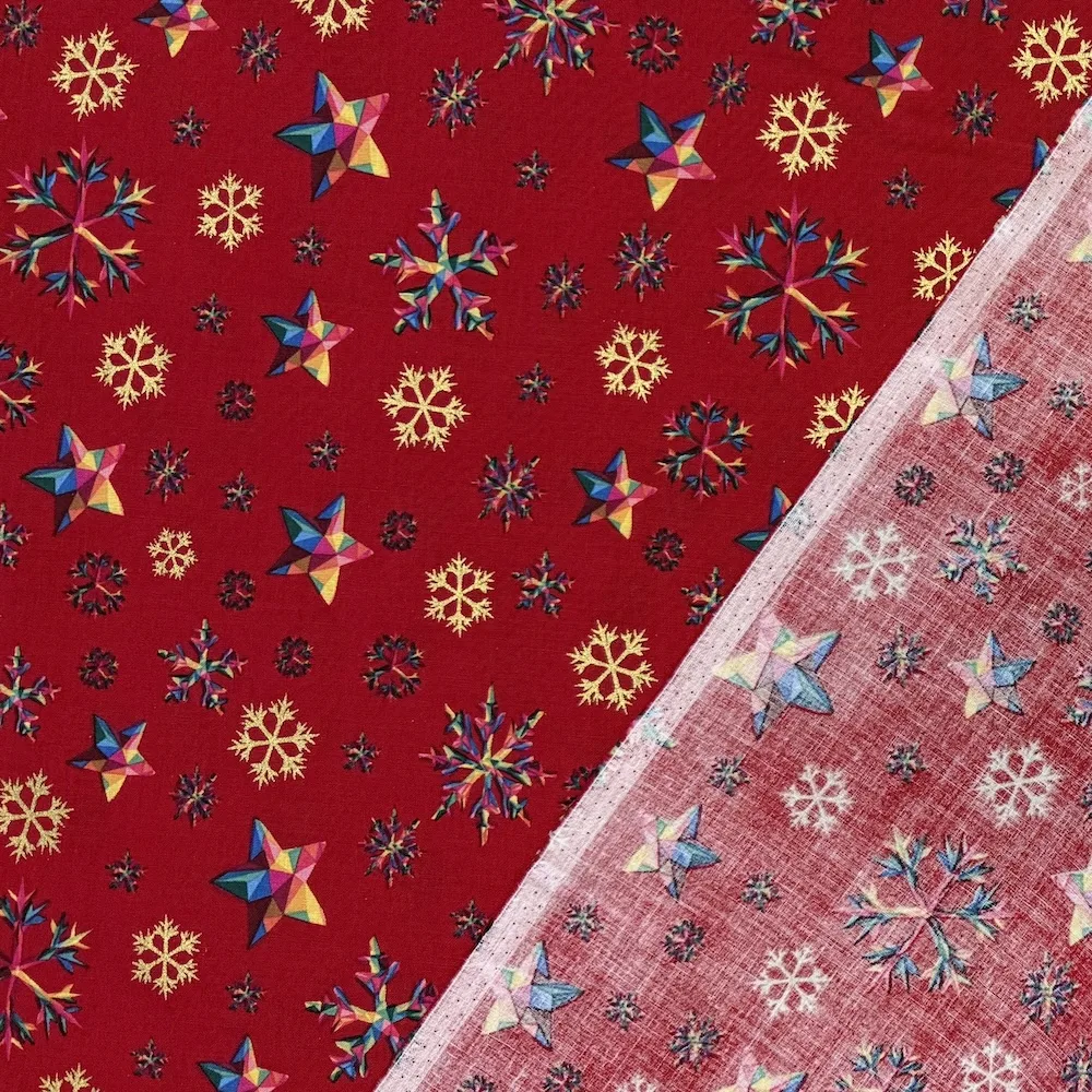 Festive 100% Cotton - Rainbow & Gold Snowflakes - Red - Image 3