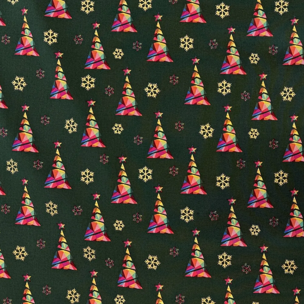 Festive 100% Cotton - Rainbow & Gold Trees - Dark Green