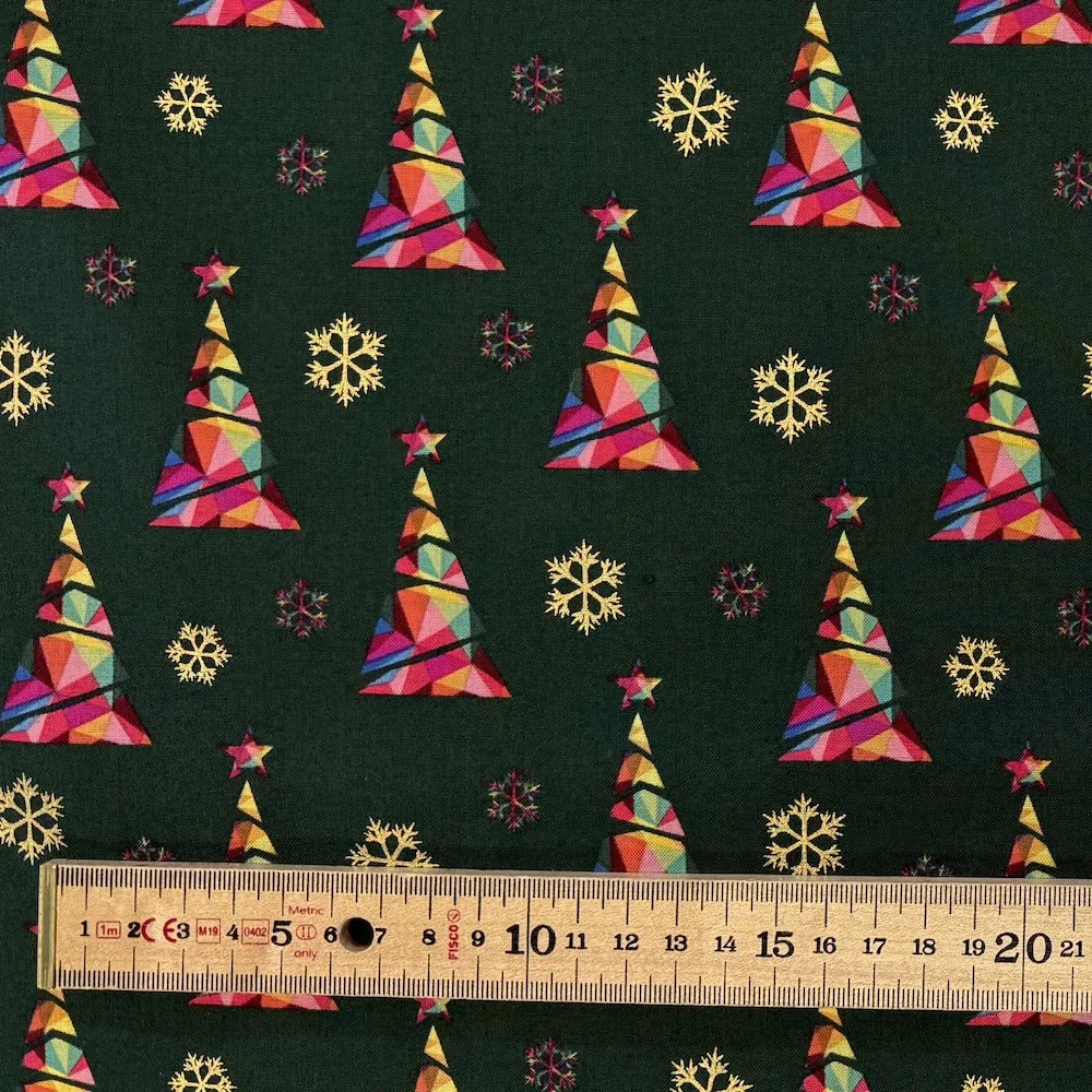 Festive 100% Cotton - Rainbow & Gold Trees - Dark Green - Image 3